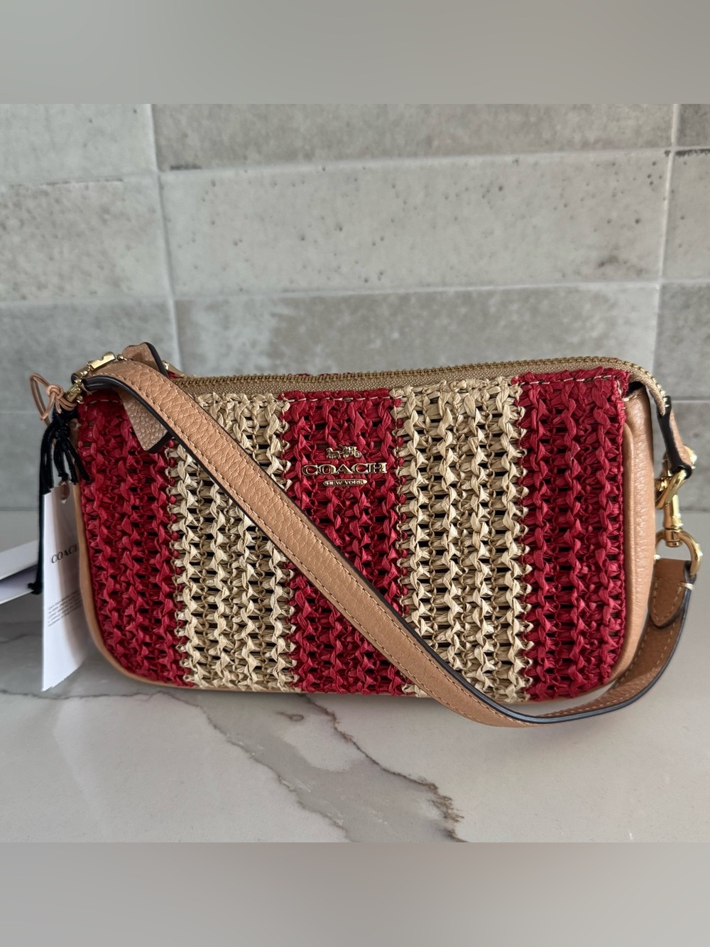 COACH NOLITA 19 Stripe Straw Bag, with leather accents, red and tan